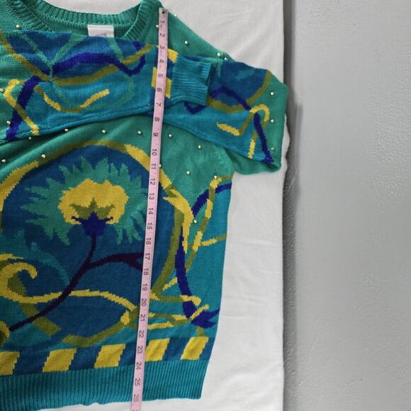 Mondi Teal Blue Flower VTG Pullover Rayon Silk Blend Embellished Sweater Size 40 - Picture 4 of 6